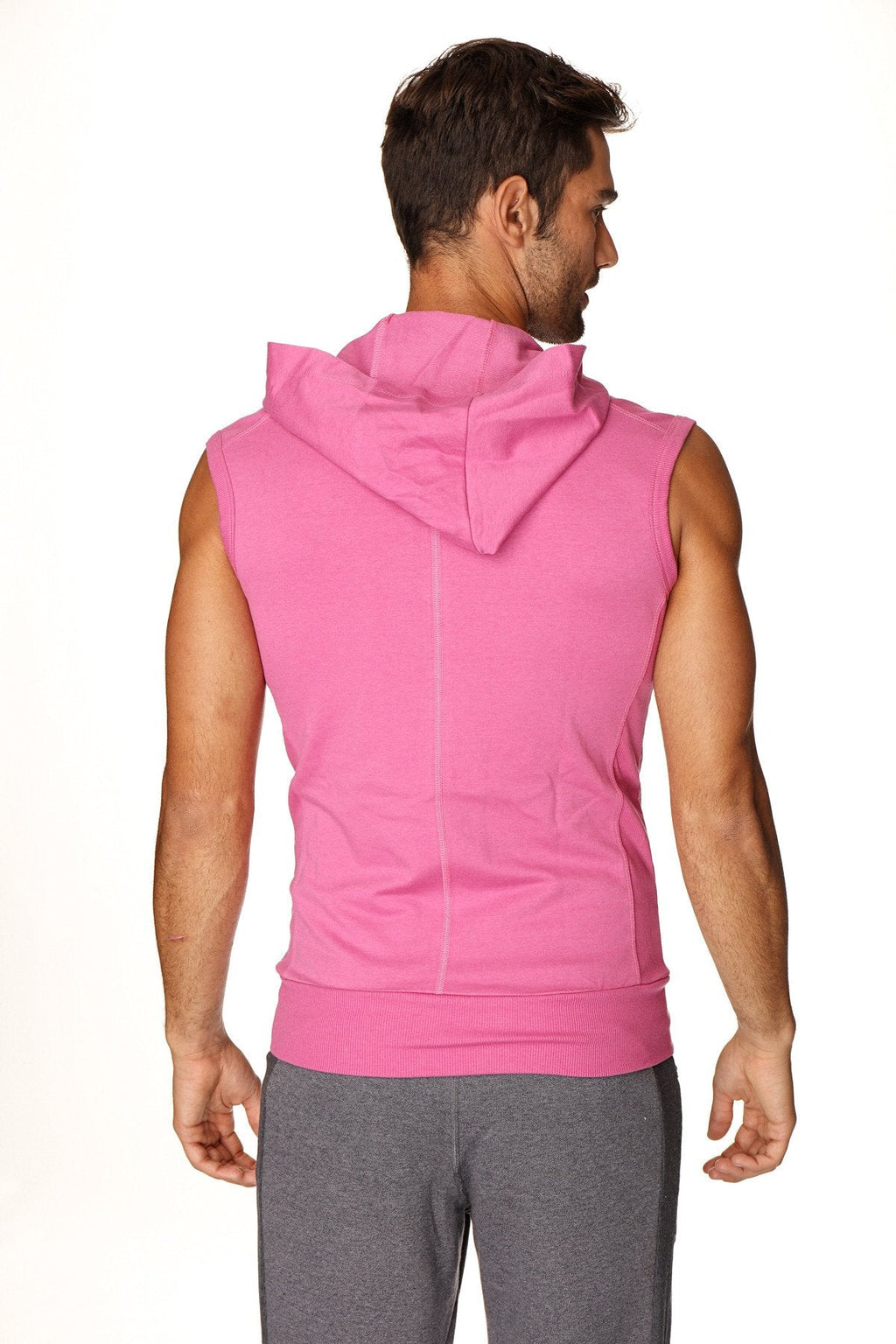A vibrant pink sleeveless yoga hoodie with a hood and ribbed cuffs designed for comfortable activewear