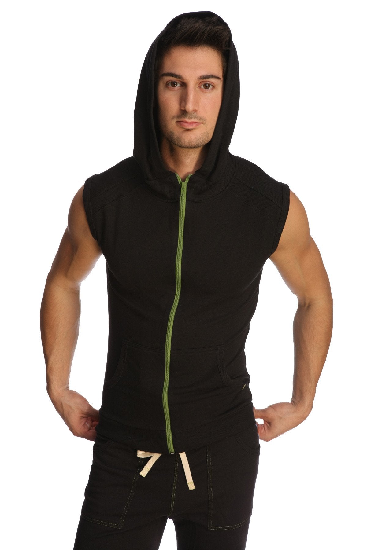 Black sleeveless yoga hoodie with lime green zipper and drawstring waistband designed for comfortable workouts