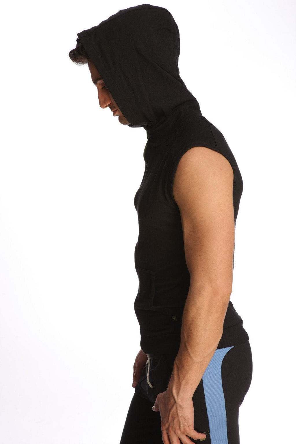 Black sleeveless yoga hoodie with hood and subtle side seam detailing designed for comfortable active wear