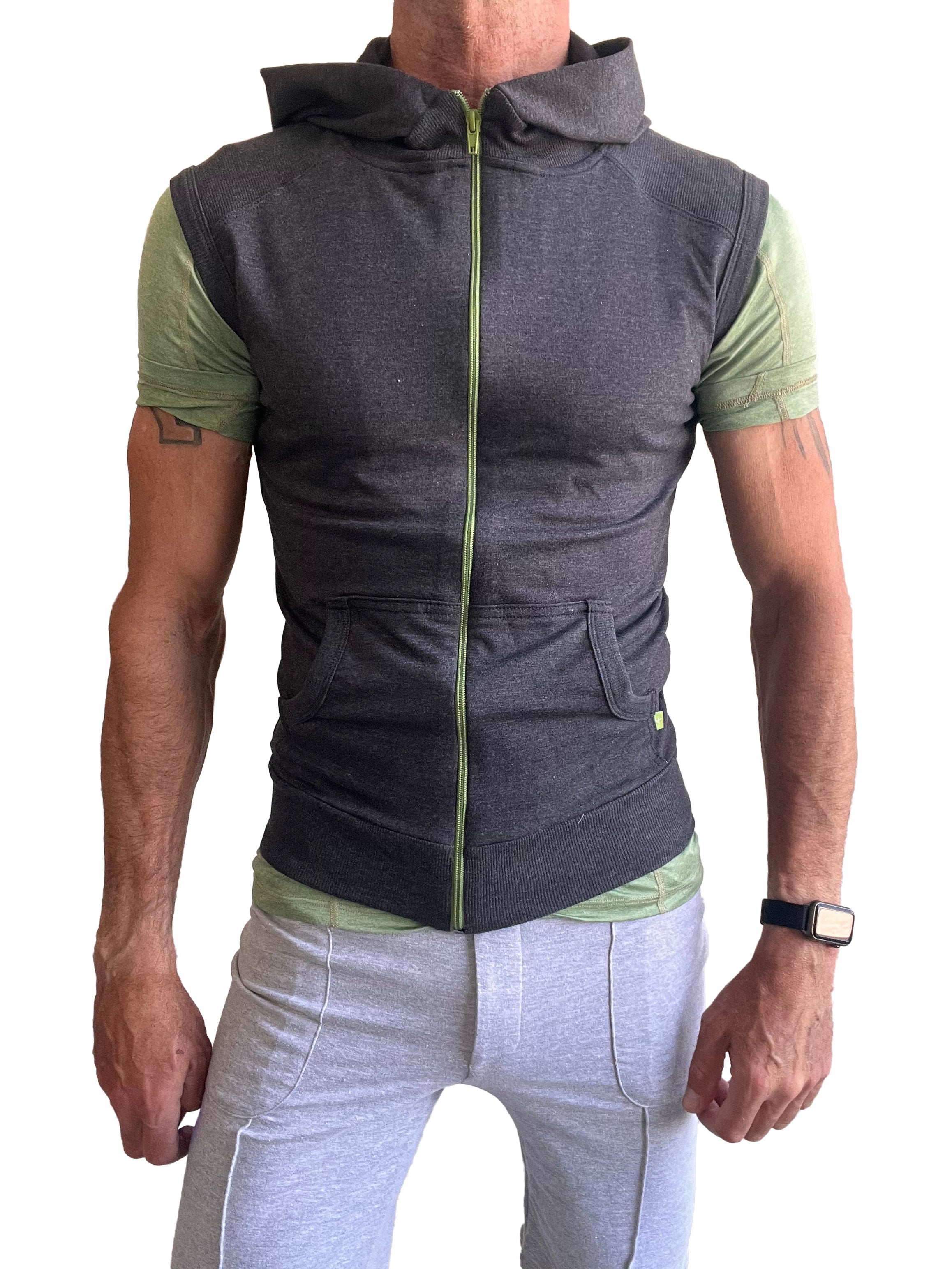 Sleeveless yoga hoodie charcoal gray zip-up vest with lime green zipper and accents worn over matching short sleeve shirt