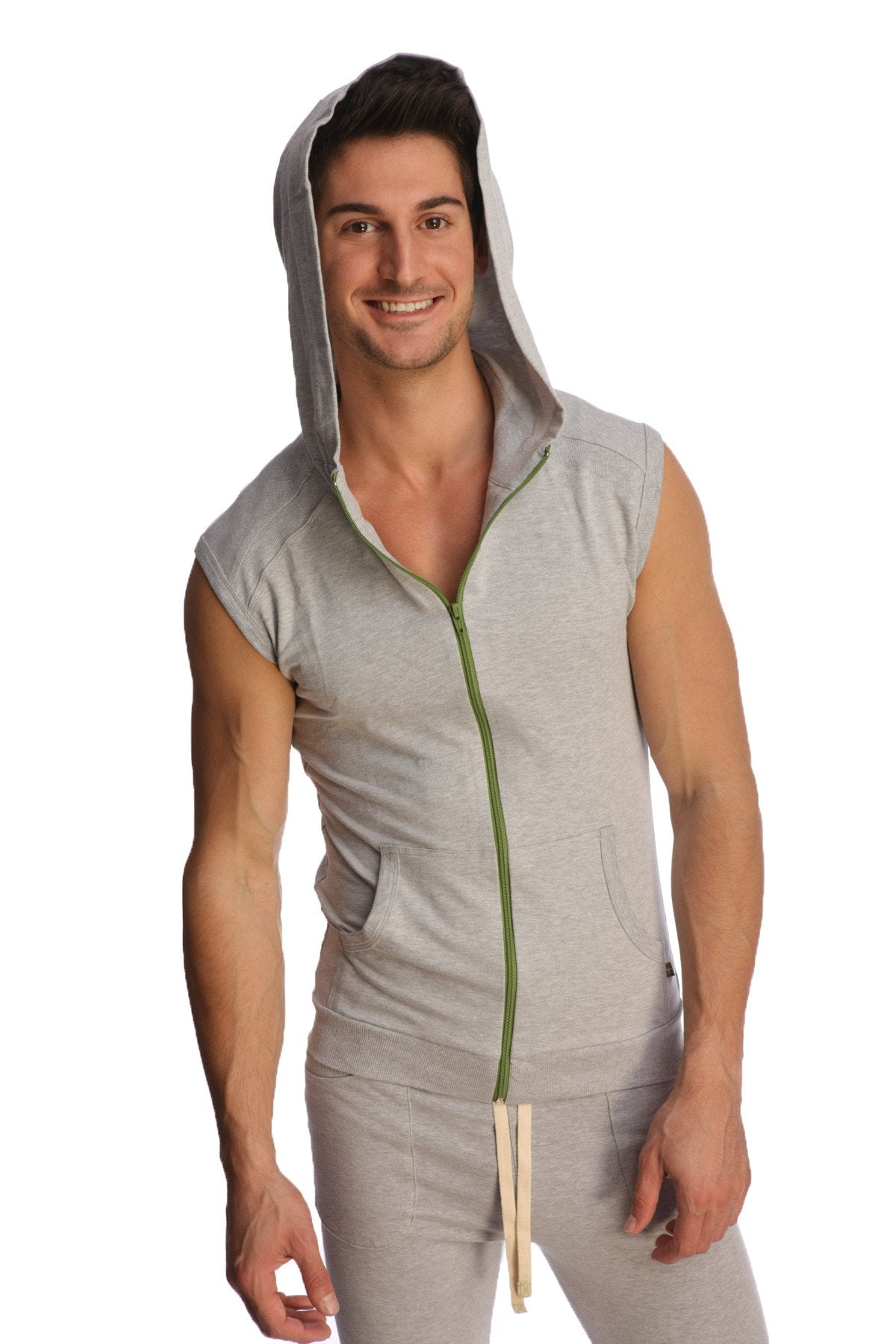 Sleeveless yoga hoodie in heather grey with green zipper and front pockets designed for comfortable workouts