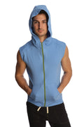 Light blue sleeveless yoga hoodie with green zipper and front pockets designed for comfort and flexibility