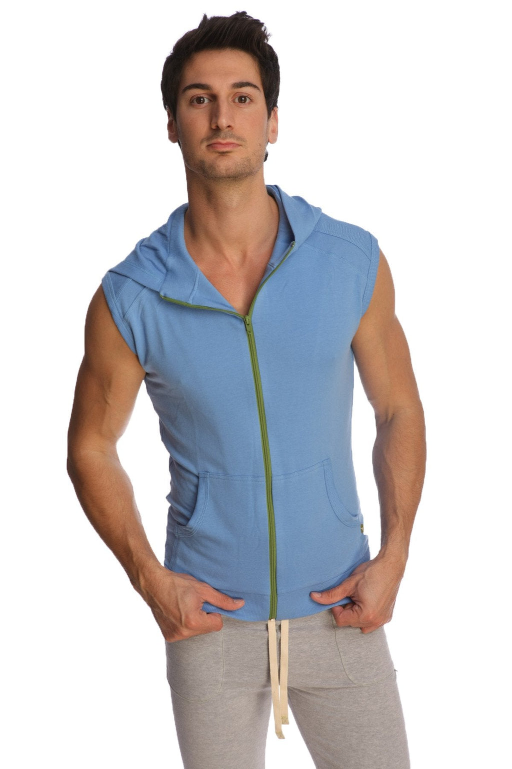Light blue sleeveless yoga hoodie with green zipper and front pockets designed for comfortable workouts