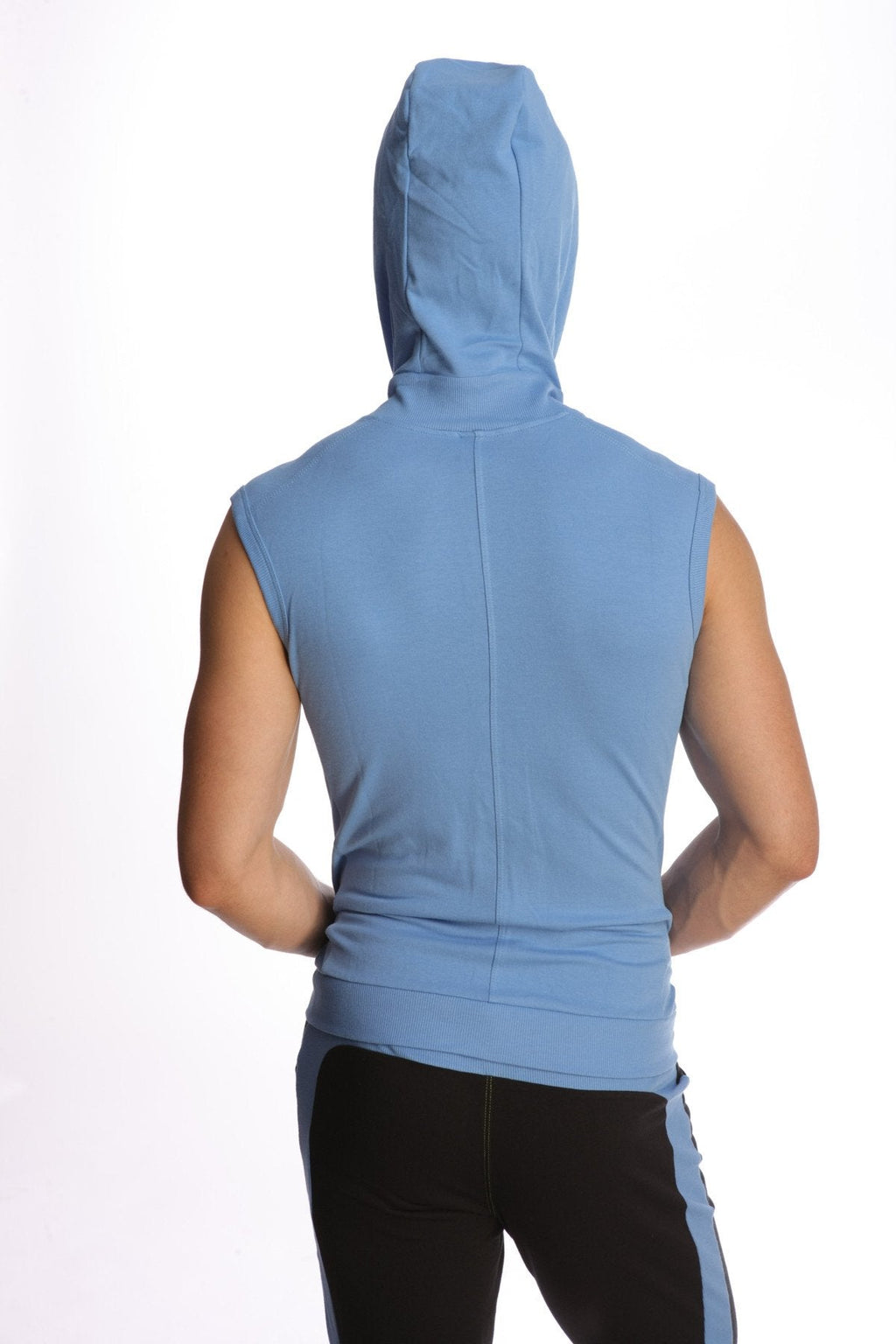 Light blue sleeveless yoga hoodie with hood and front seam detail ideal for workouts and casual wear