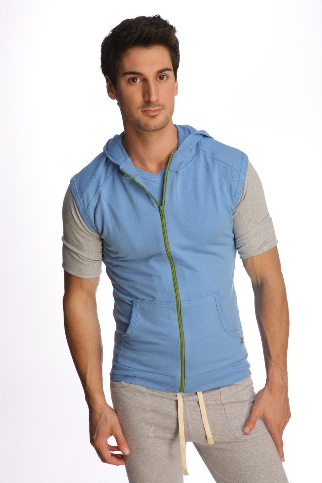 Light blue sleeveless yoga hoodie vest with gray short sleeves and front pockets made for comfortable workouts