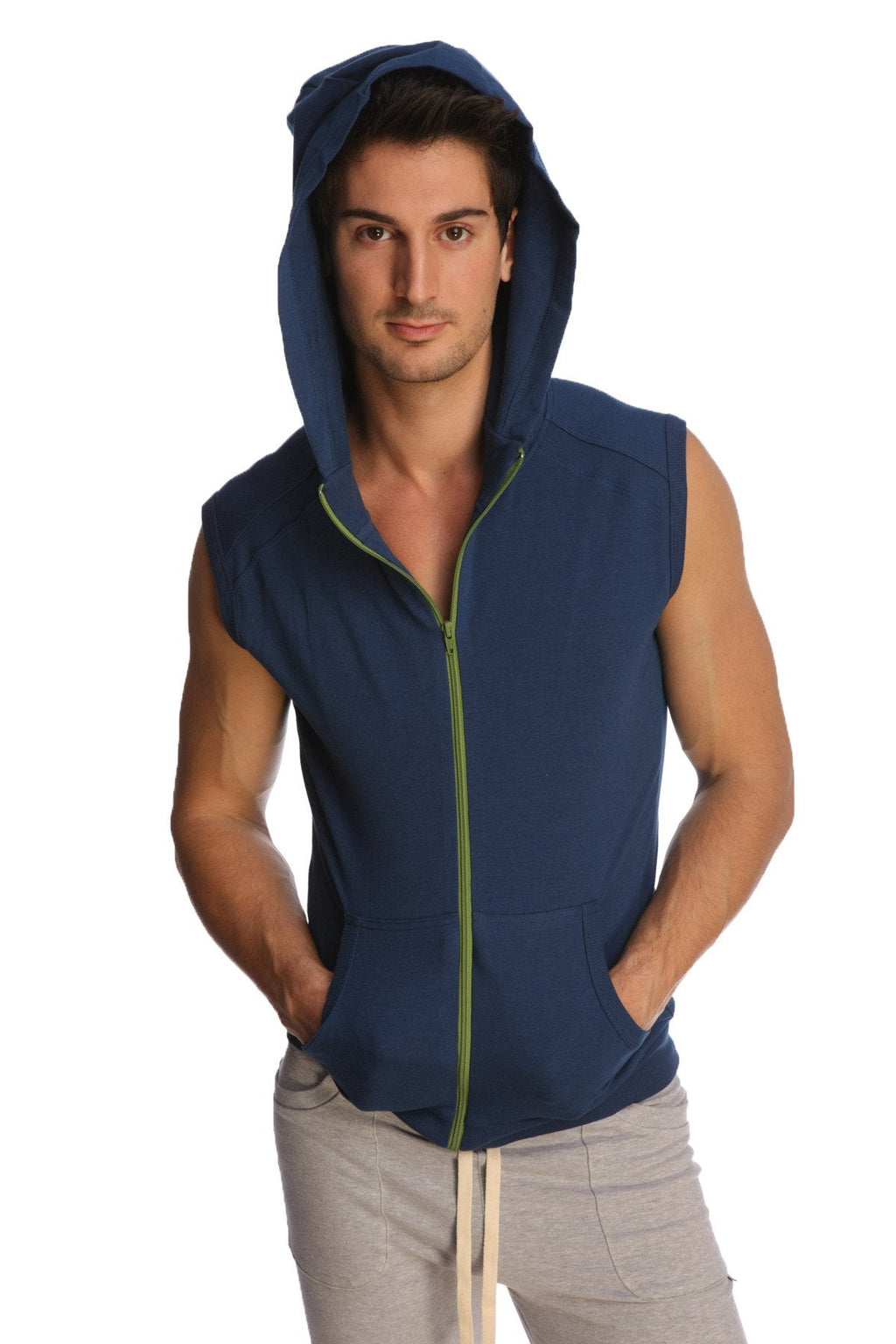 Navy blue sleeveless yoga hoodie with lime green zipper and front pockets designed for comfortable workouts