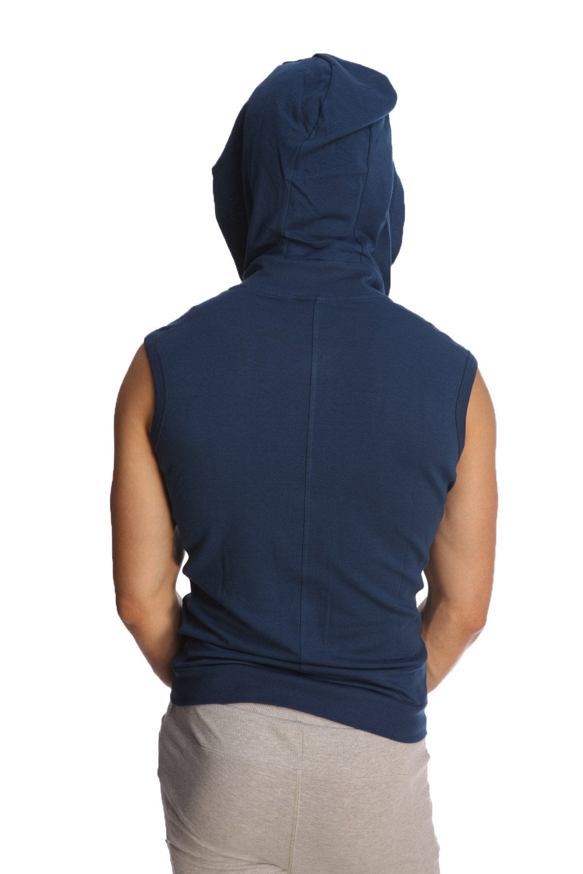 Navy blue sleeveless yoga hoodie with hood and back seam detail designed for comfortable workout wear
