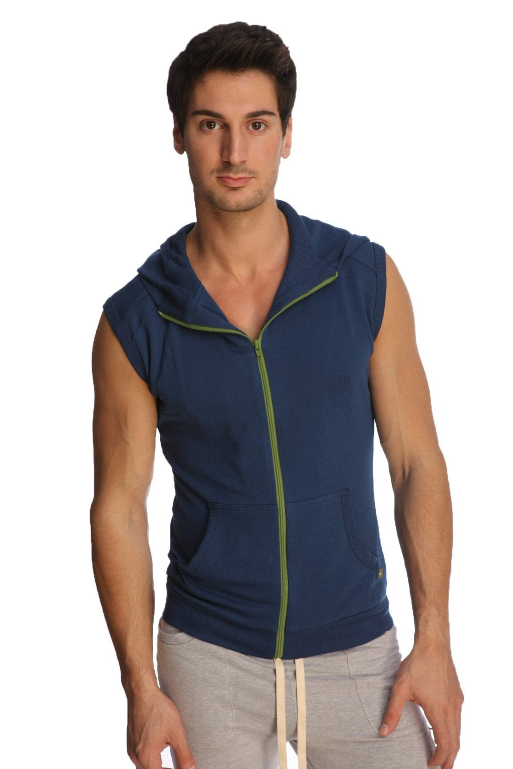 Navy blue sleeveless zip-up yoga hoodie with lime green zipper trim designed for comfortable activewear