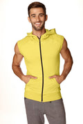 Bright yellow sleeveless zip-up yoga hoodie with hood and front pockets designed for comfort and flexibility