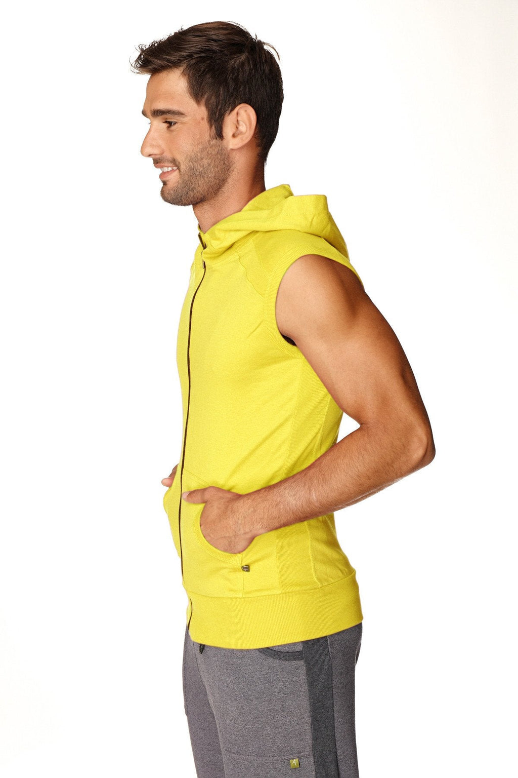 Bright yellow sleeveless yoga hoodie with full zipper and front pockets designed for comfortable activewear