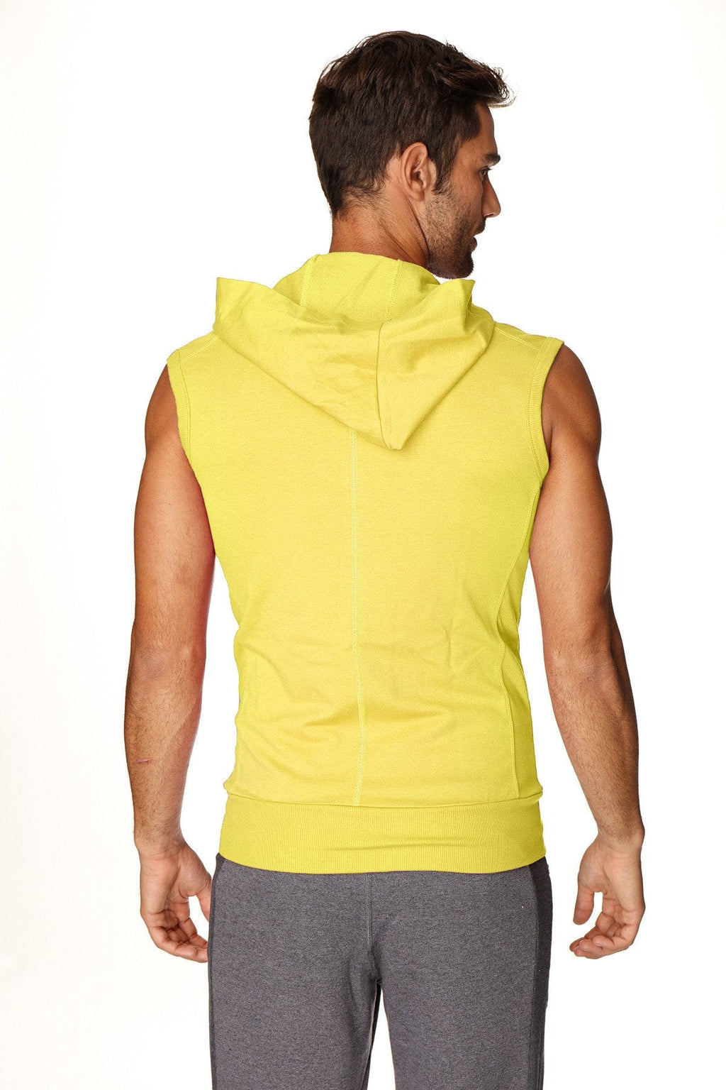 Bright yellow sleeveless yoga hoodie with hood and ribbed hem designed for comfortable active wear