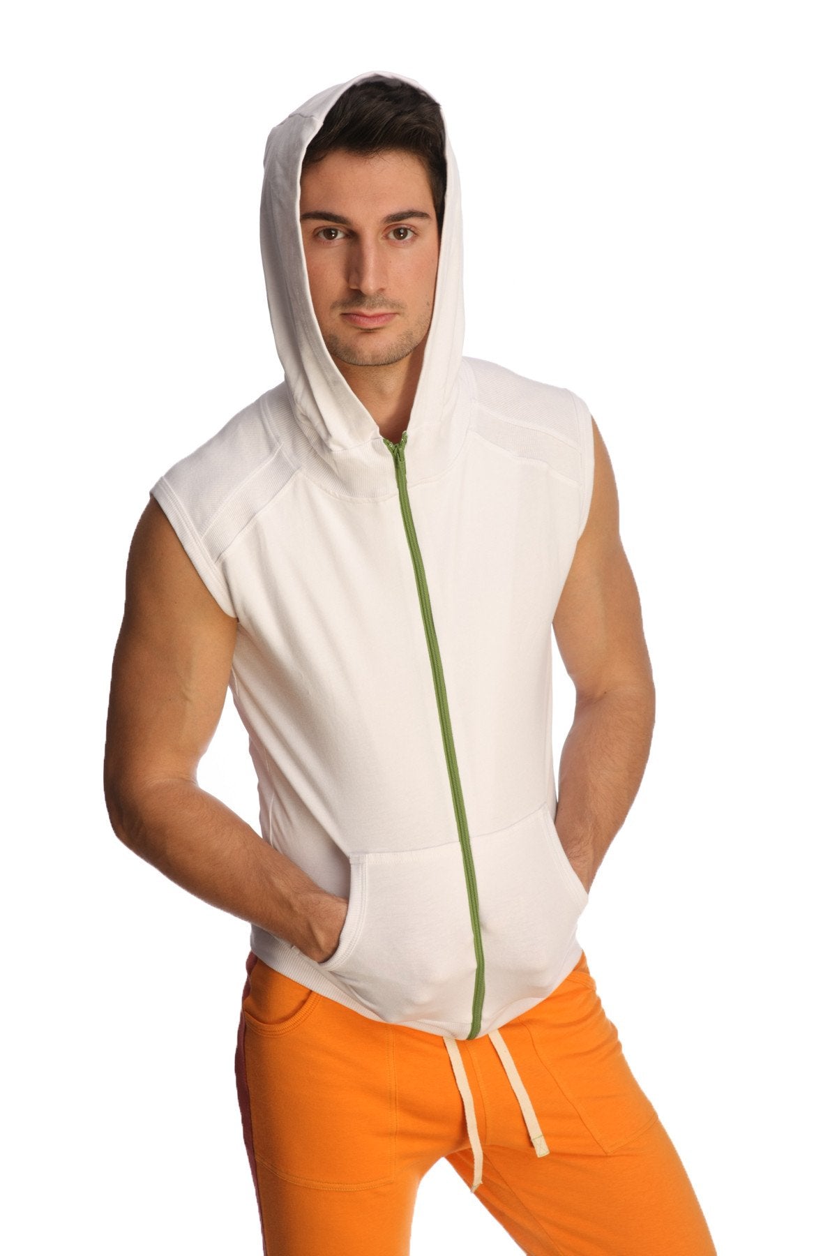 White sleeveless yoga hoodie with green zipper and front pockets made of lightweight breathable fabric