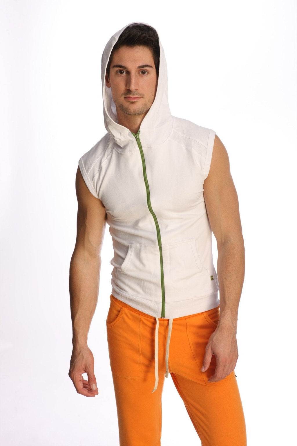 White sleeveless yoga hoodie with green zipper and drawstring hood made from lightweight breathable fabric