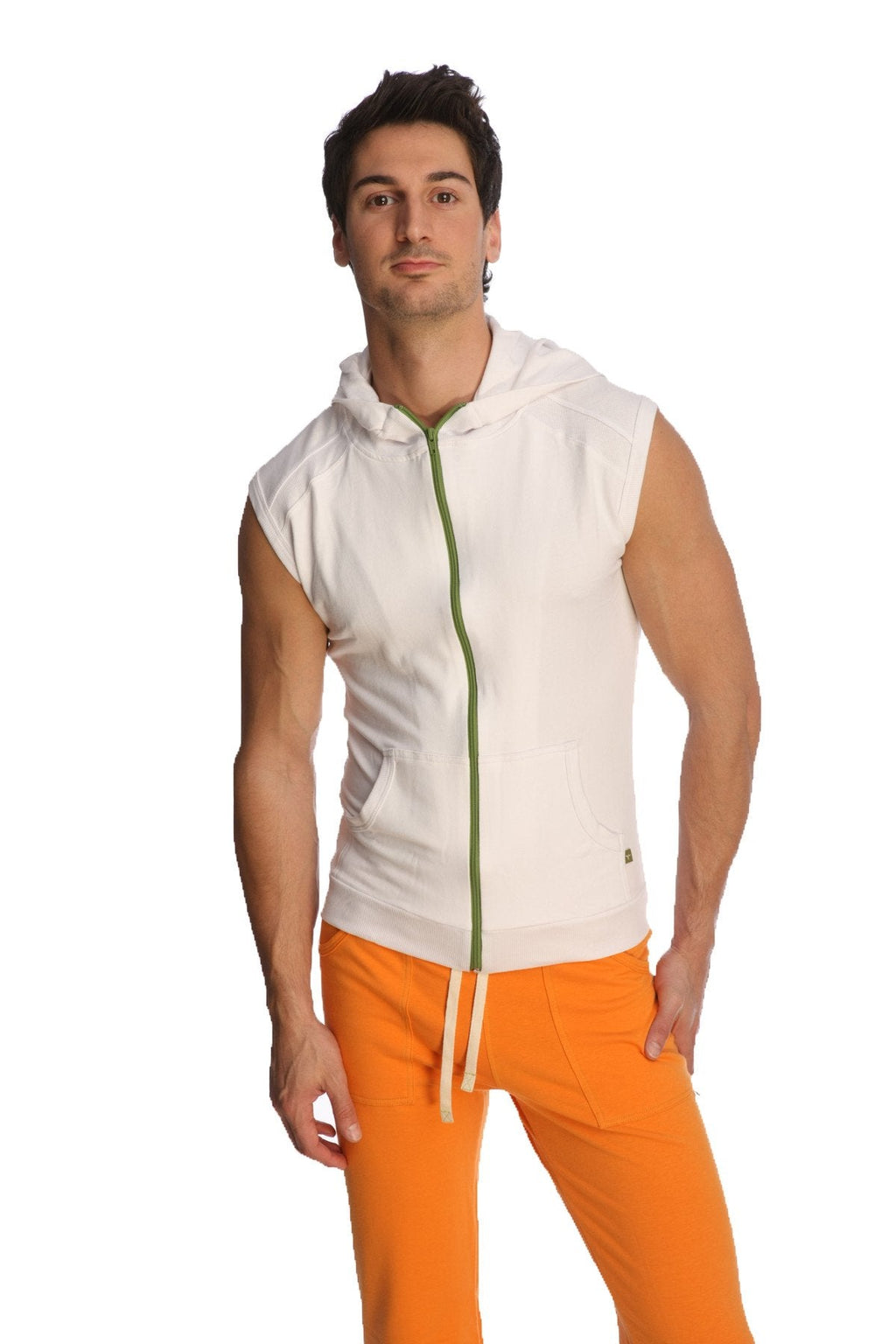 White sleeveless yoga hoodie with green zipper and subtle branding on the lower right side