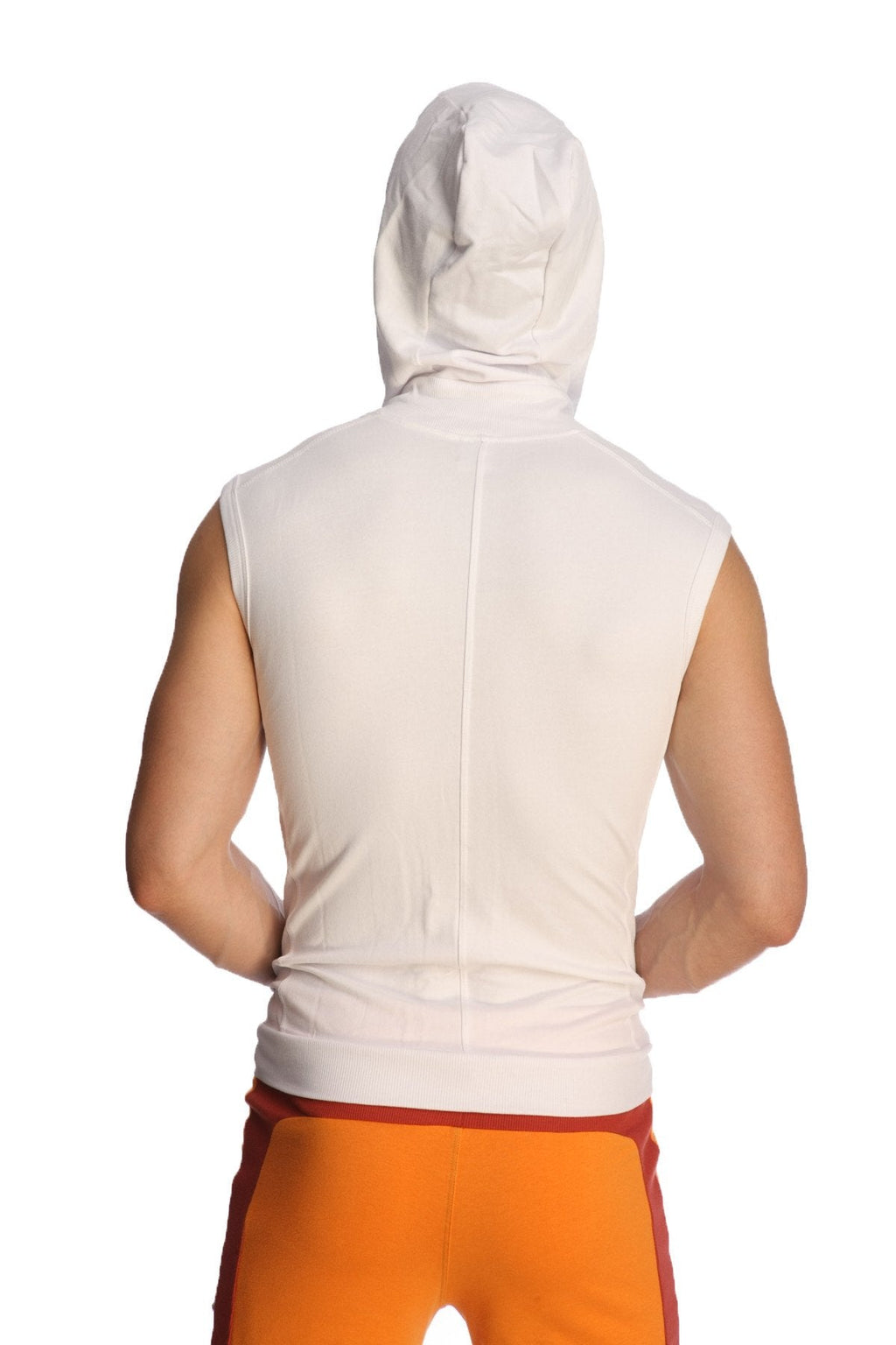 White sleeveless yoga hoodie with hood made of soft fabric designed for comfort and mobility