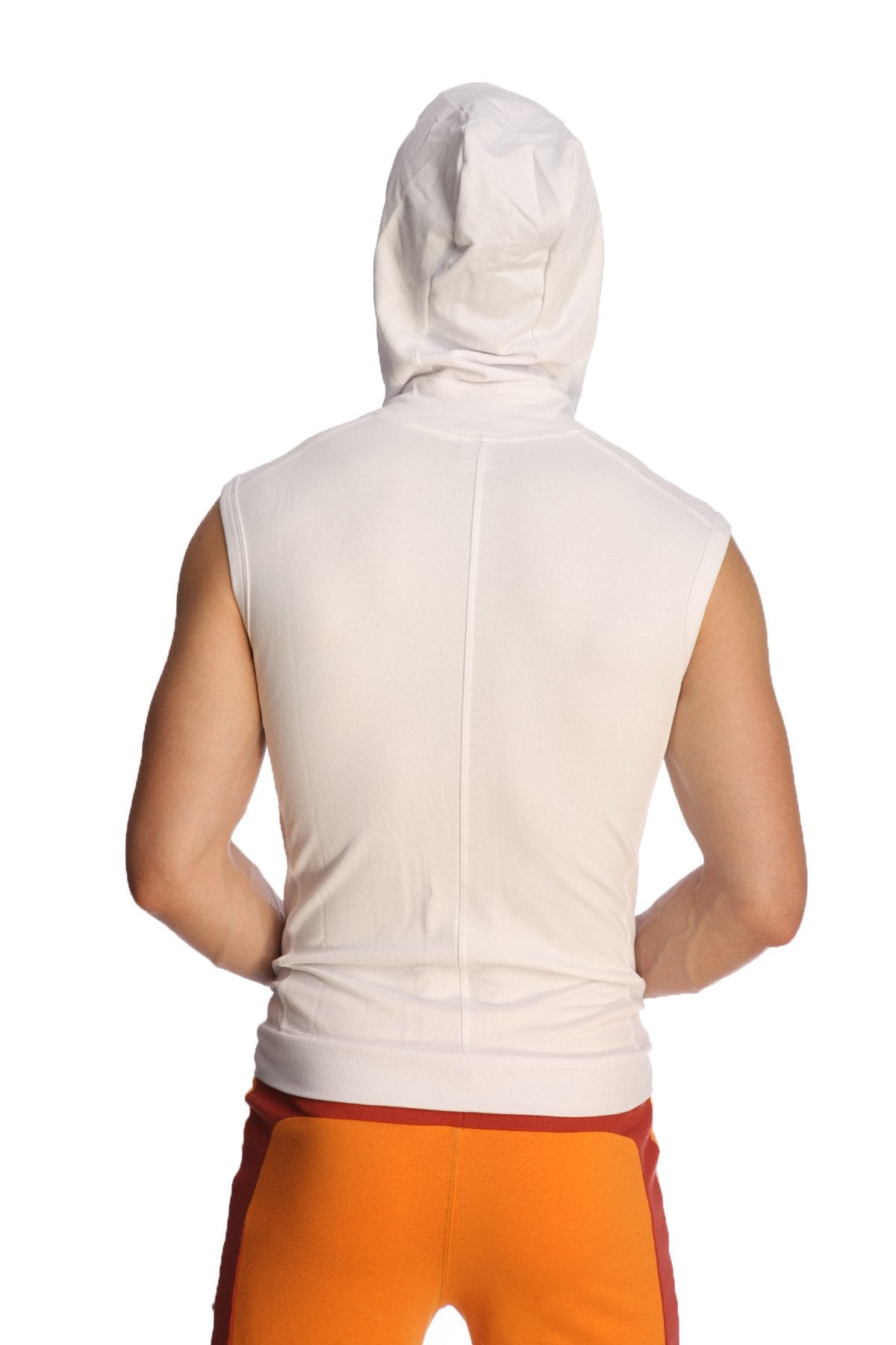 White sleeveless yoga hoodie with hood made of soft fabric designed for comfort and mobility