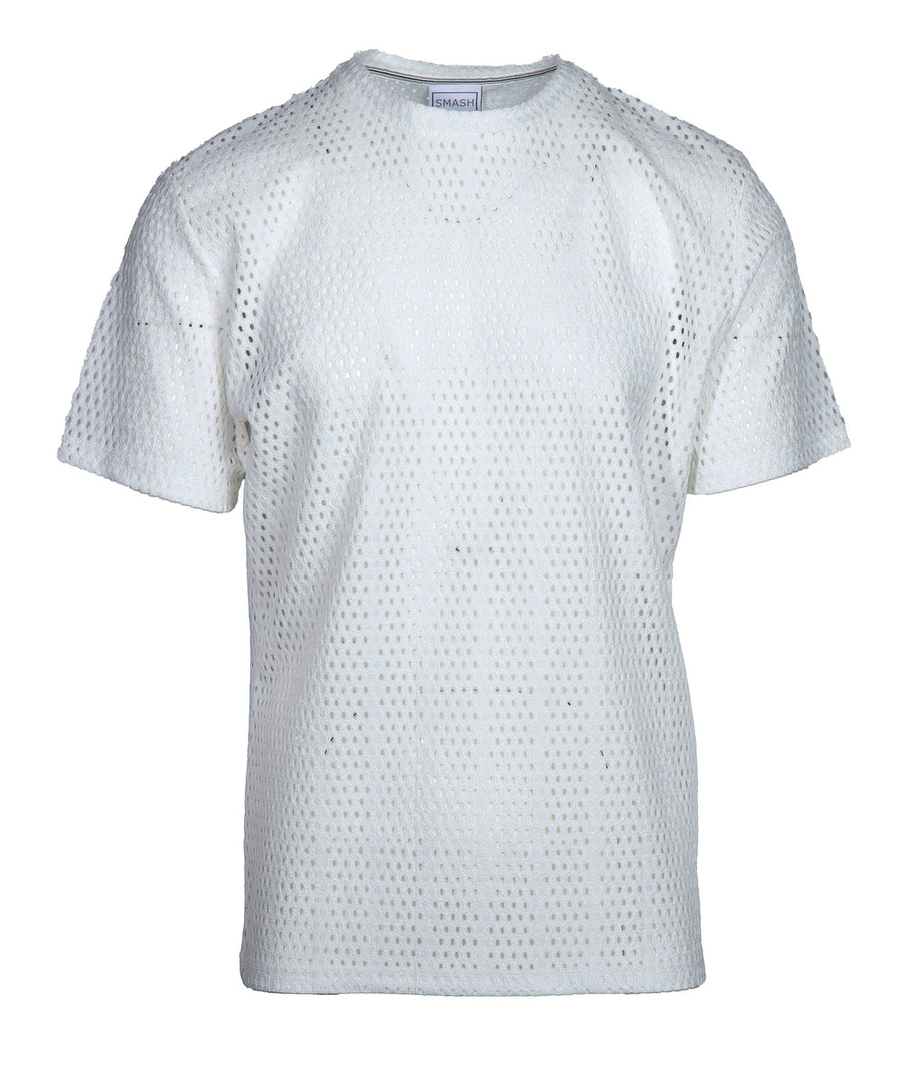 White perforated cotton t-shirt with round neckline and short sleeves smash gossamer lace top front view
