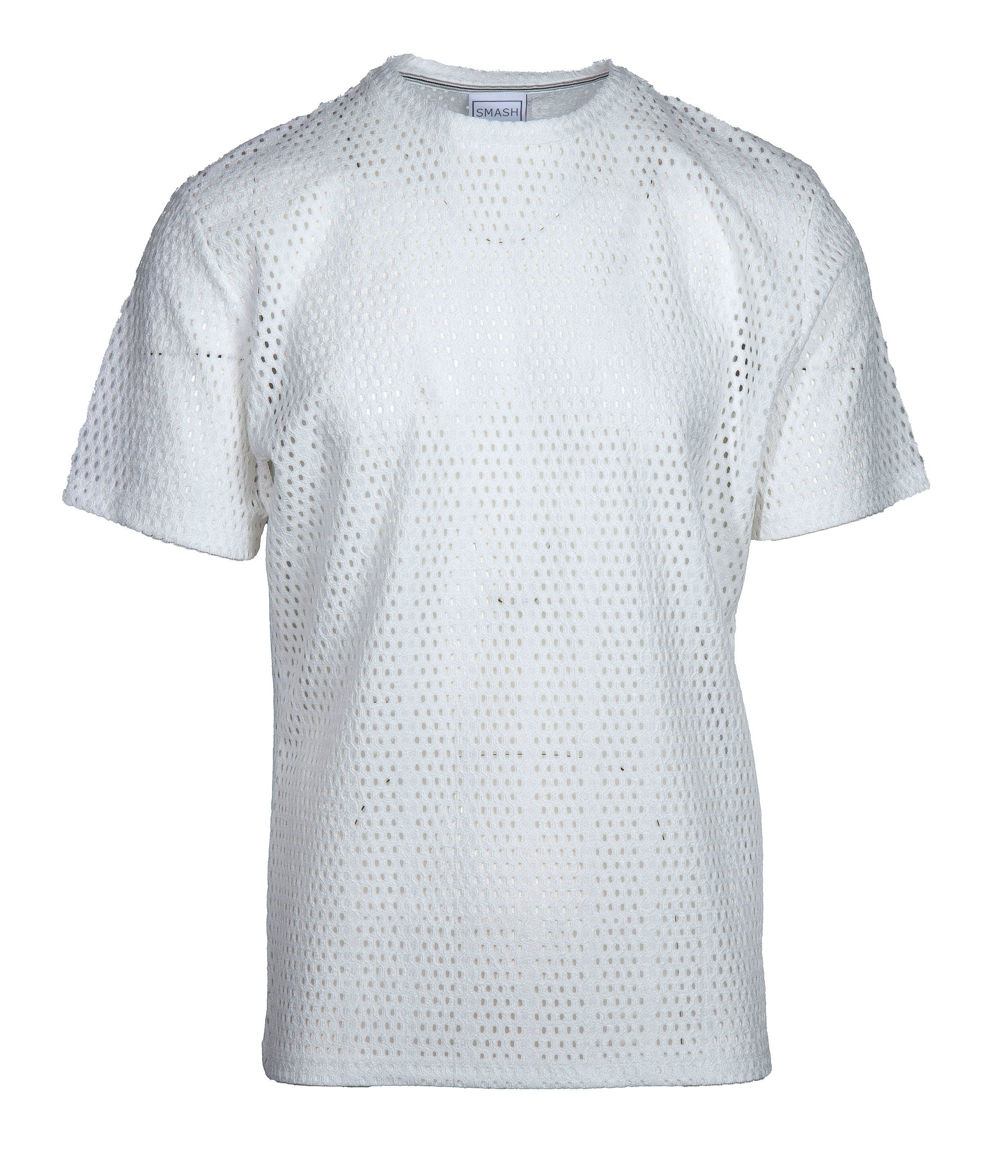 White perforated cotton t-shirt with round neckline and short sleeves smash gossamer lace top front view