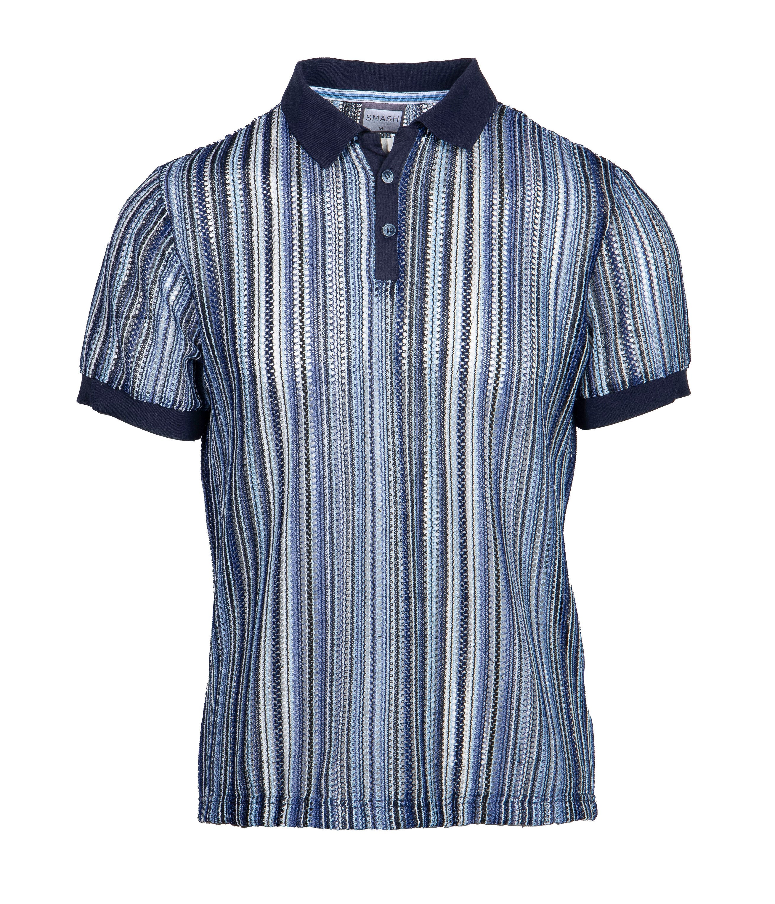 Navy blue and white striped smash knit polo shirt with textured knit pattern short sleeves and classic collar