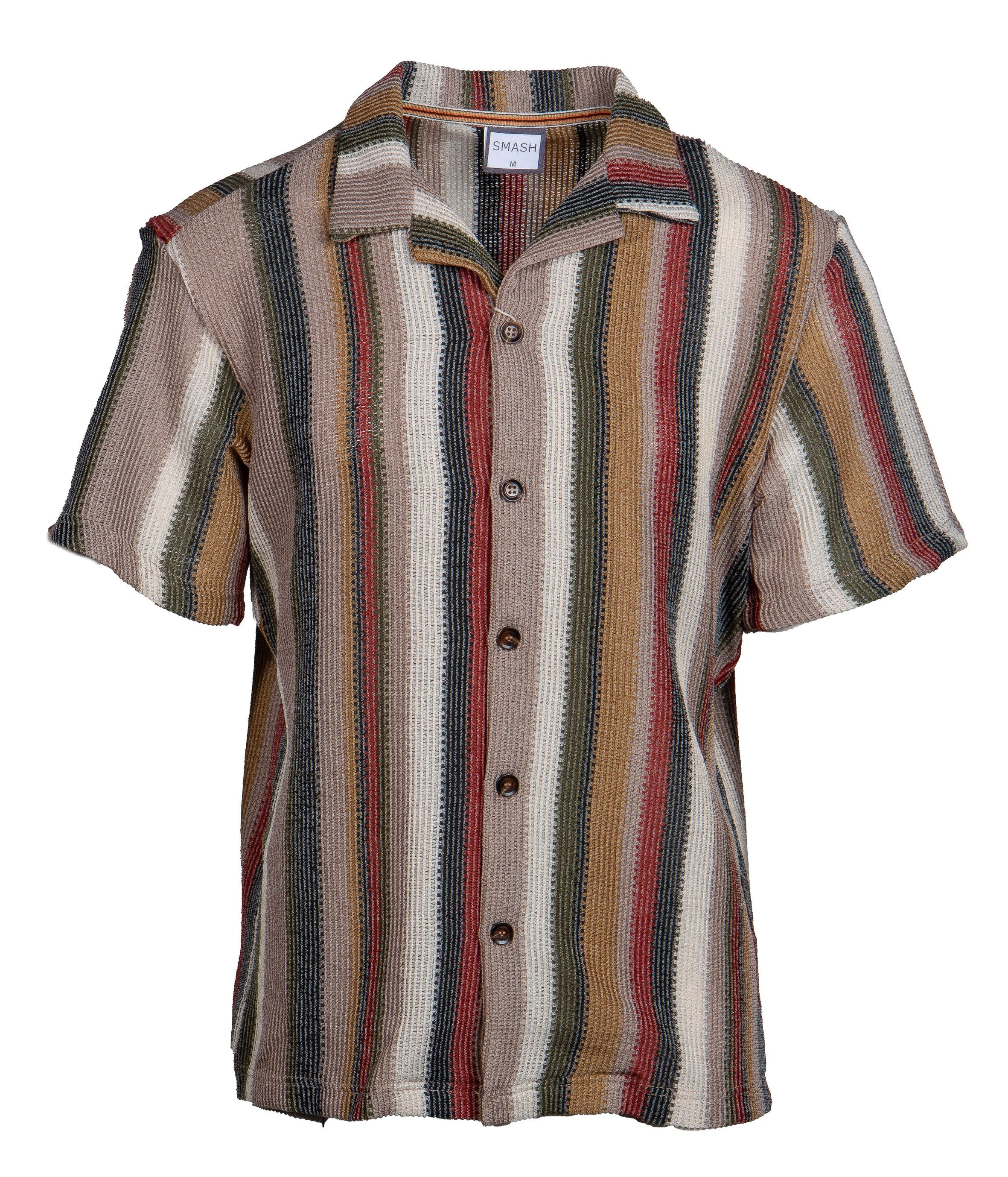 Smash S S stripe button down shirt short sleeved with vertical earthy beige brown red green stripes textured fabric