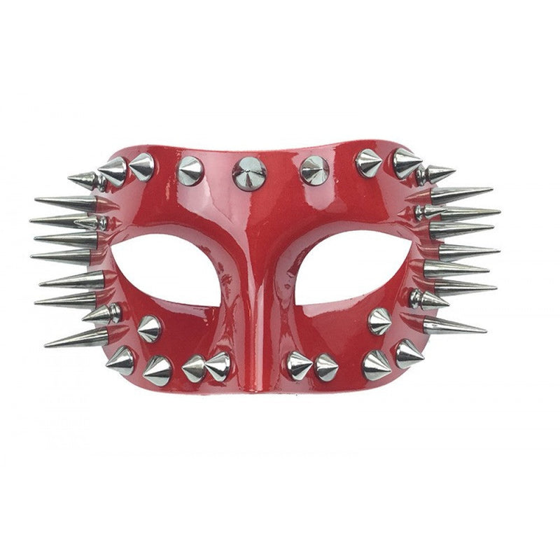 A glossy red spikes half face mask adorned with silver studs for masquerade or costume events