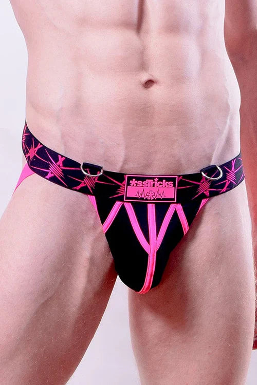 Stinger jockstrap briefs with black and pink barbed wire pattern and central logo patch for bold style
