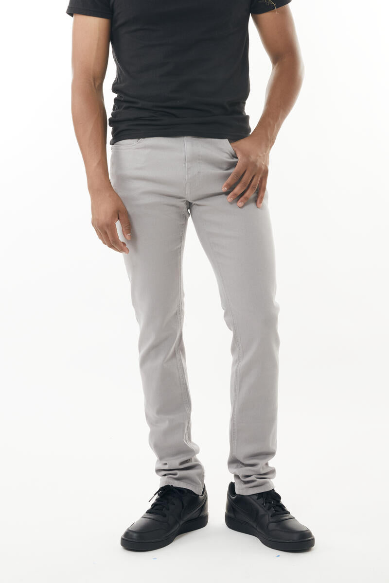 Gray stretch twill pant featuring slim-fit design with clean modern cut and subtle stitching details