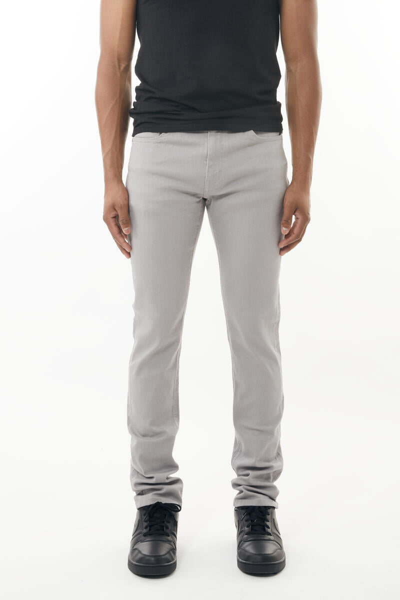 Gray slim-fit stretch twill pant featuring a clean modern cut and subtle stitching details