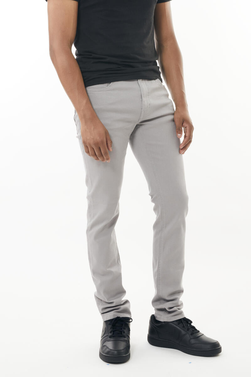 Gray slim-fit stretch twill pant with a modern cut and subtle stitching details in durable fabric
