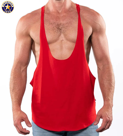 Red bodybuilding string tank top by AMERICAN JOCK featuring a deep scoop neck and wide armholes for a relaxed fit.