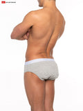 Gray men’s super boost padded briefs with 33 percent more padding and white elastic waistband shown from the back