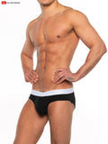 Black super boost padded front pouch brief with white waistband featuring go softwear logo and 33 percent more padding