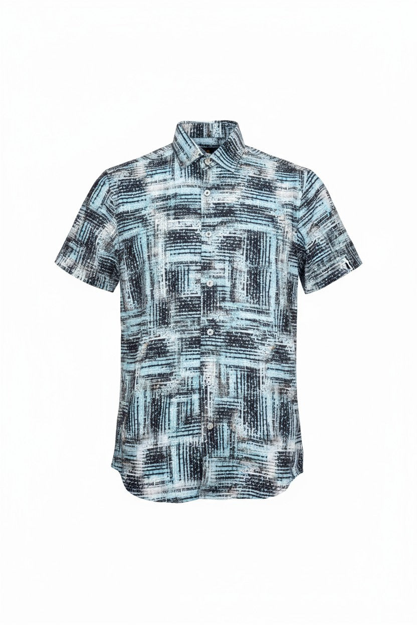 Suslo crinkled fabric s s shirt with a teal and black abstract geometric pattern made from lightweight fabric