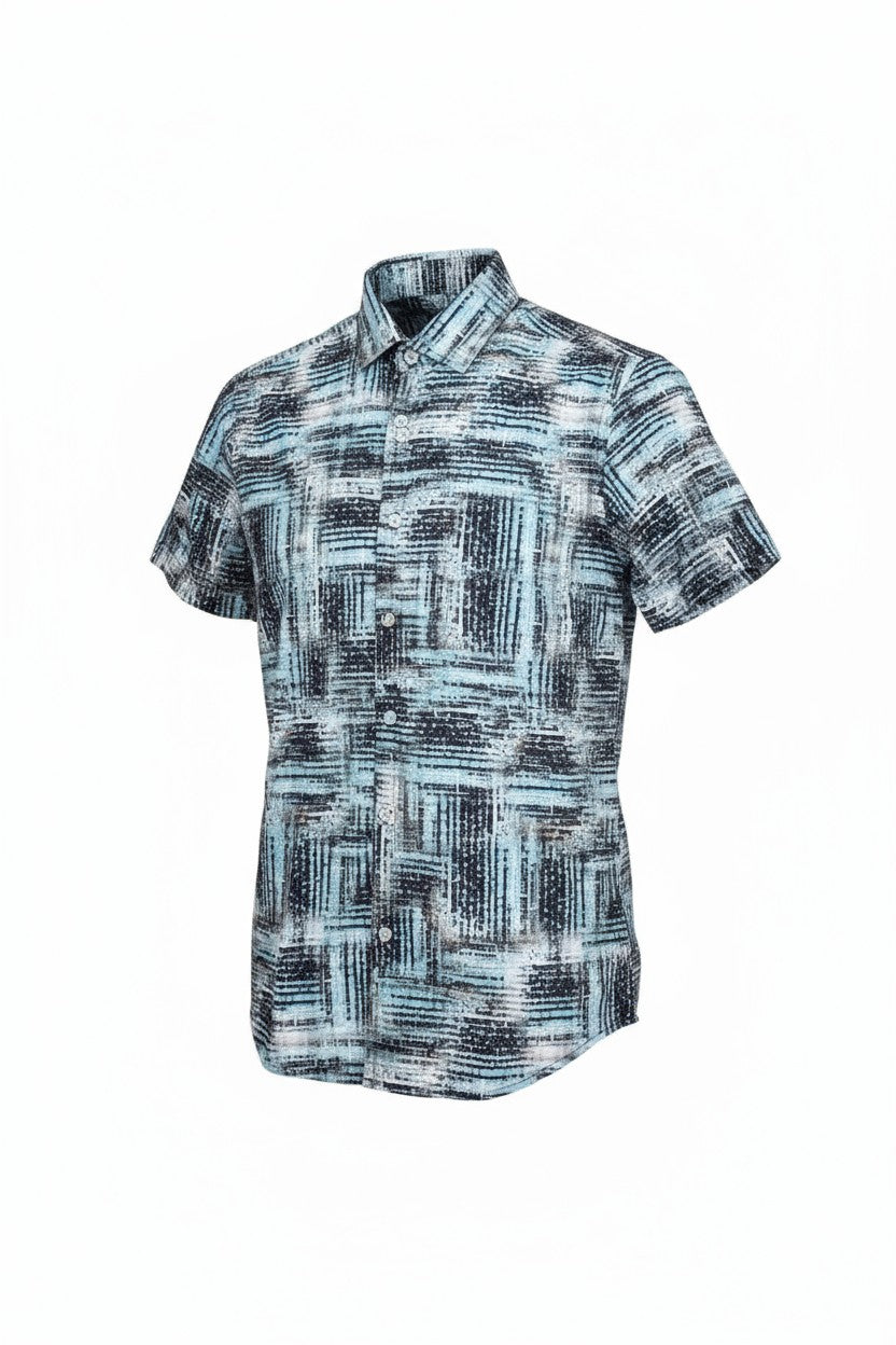 Suslo crinkled fabric s s shirt men’s short-sleeved button-up with abstract black white and light blue pattern