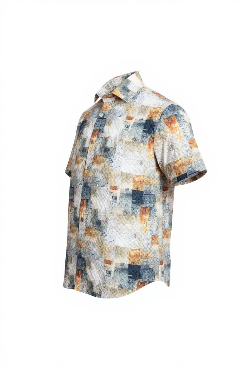 Suslo crinkled fabric short-sleeved shirt with modern abstract blocks of muted orange navy blue and beige on light background