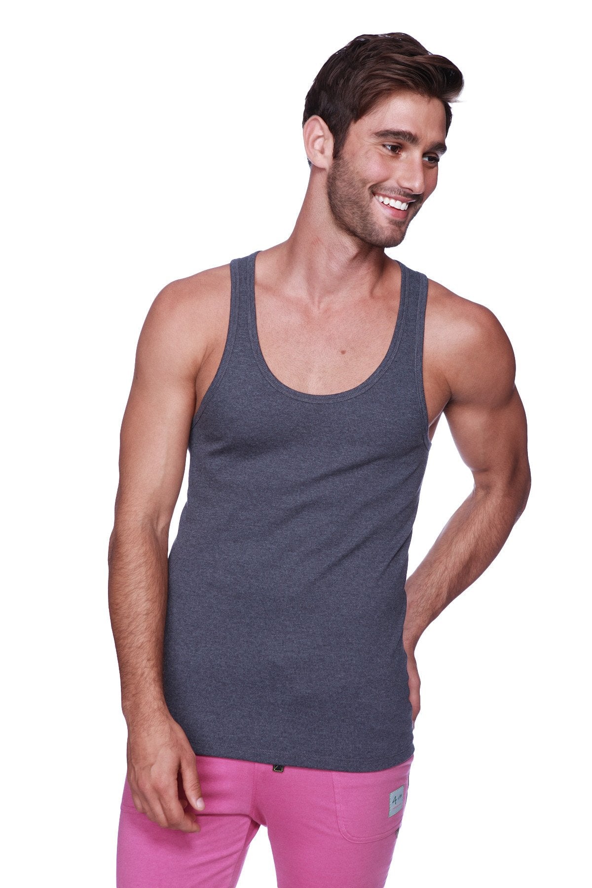 Dark gray heathered sustain tank with classic scoop neckline and straight hem made from sustainable fabric