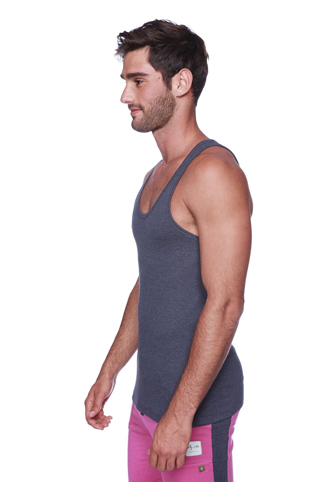 A dark gray textured cotton tank top with racerback design shown from the back side sustain tank charcoal
