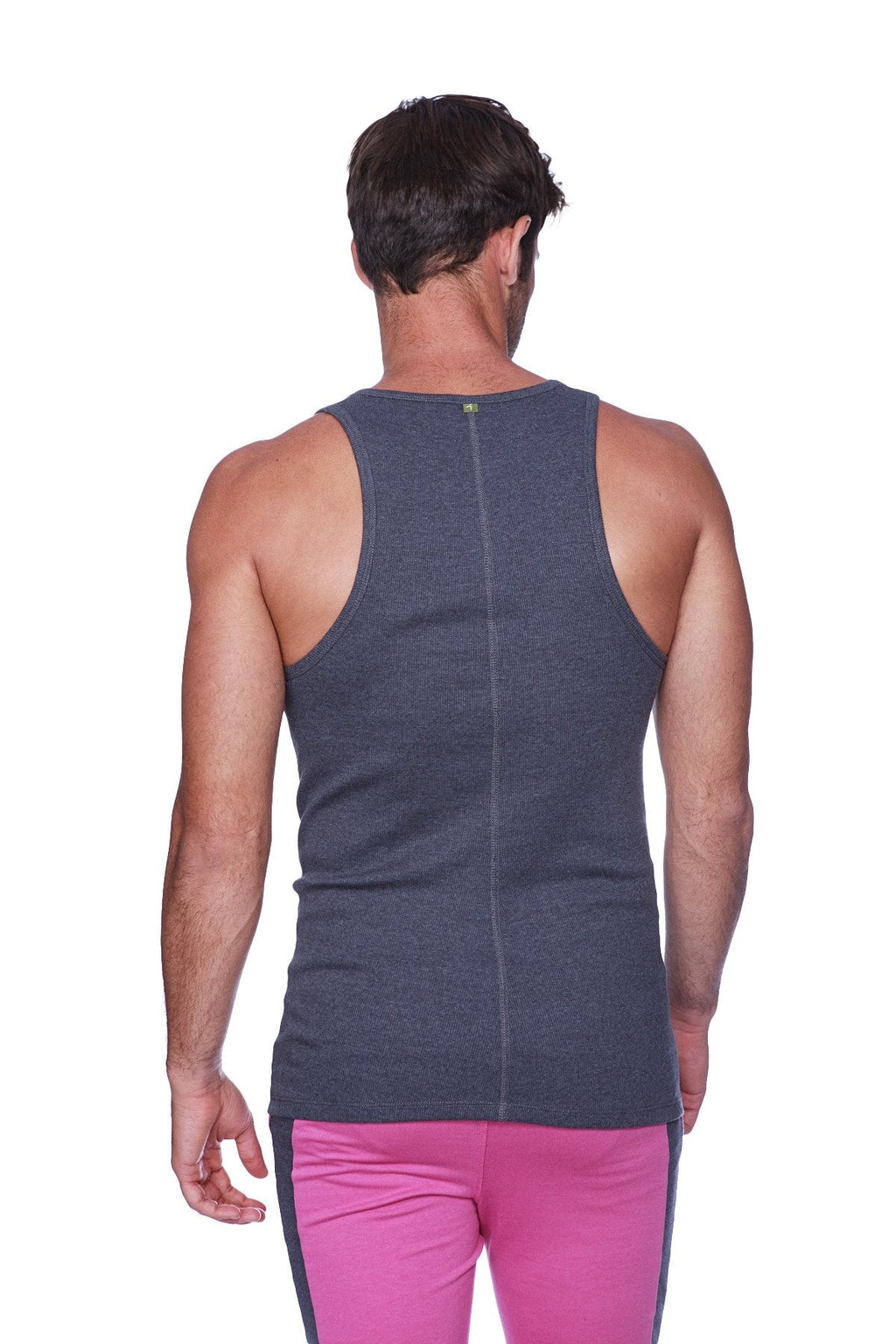 Back view of a dark gray heathered sustain tank with a central zipper made from breathable fabric