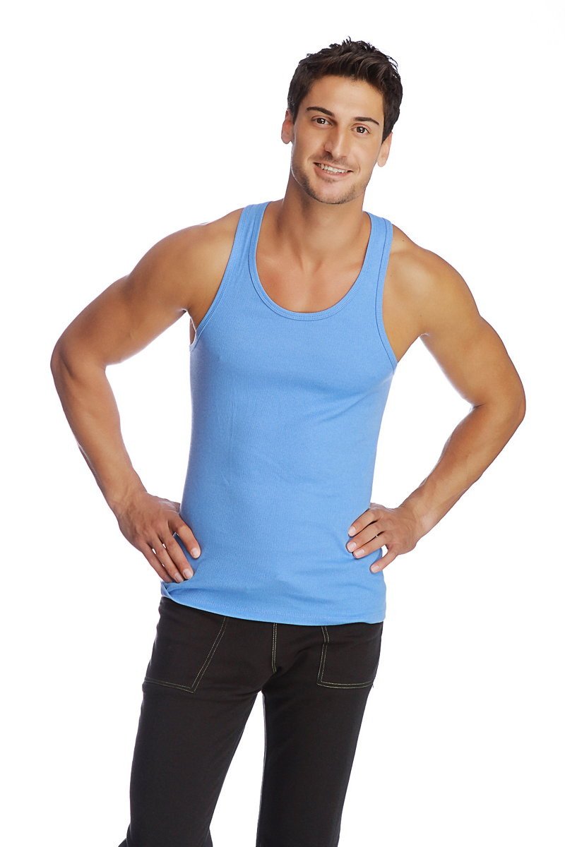 Light blue sleeveless sustain tank with rounded neckline and simple clean design perfect for casual wear