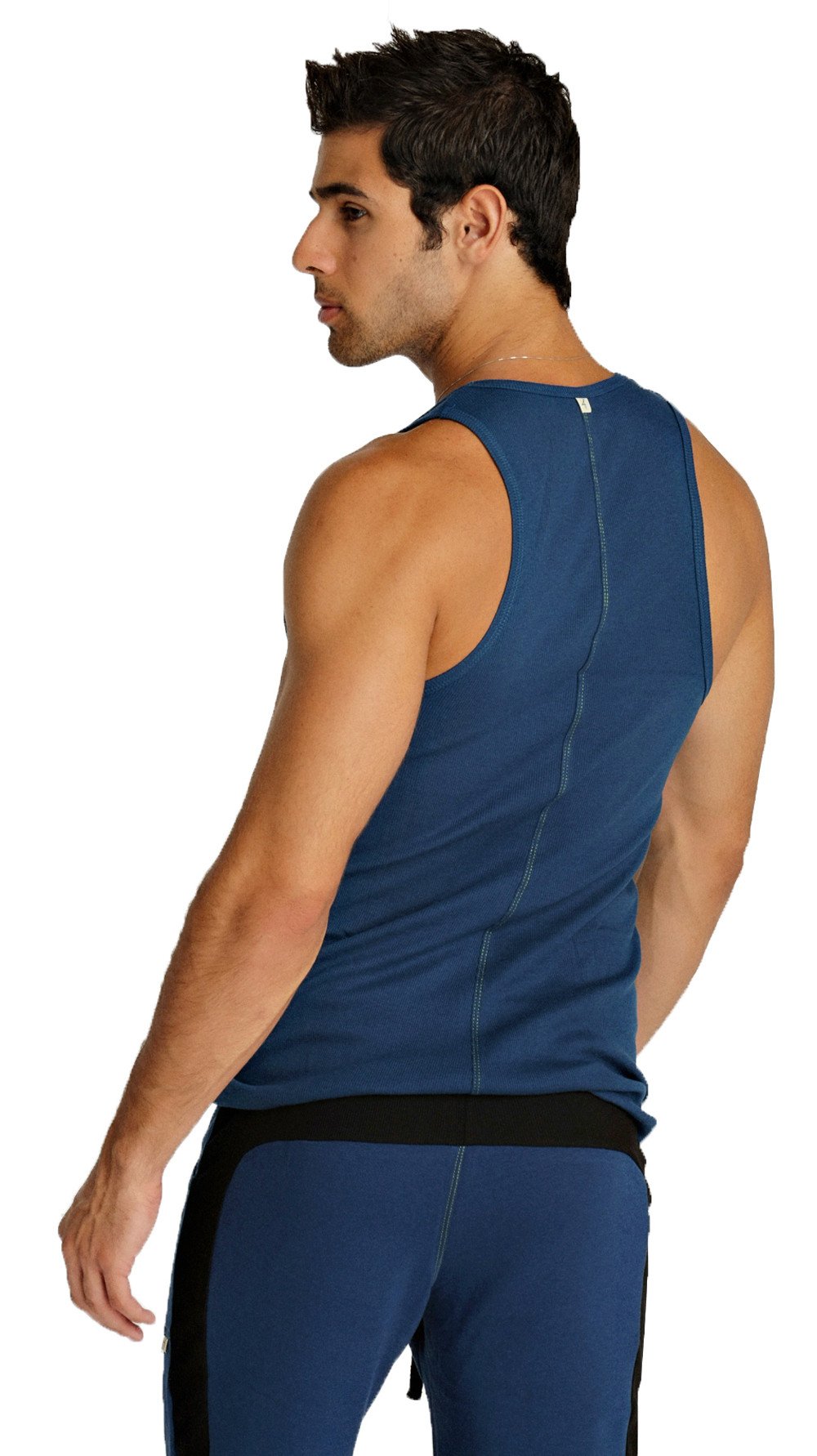 Blue athletic sustain tank with black waistband and subtle vertical seam detailing in royal color