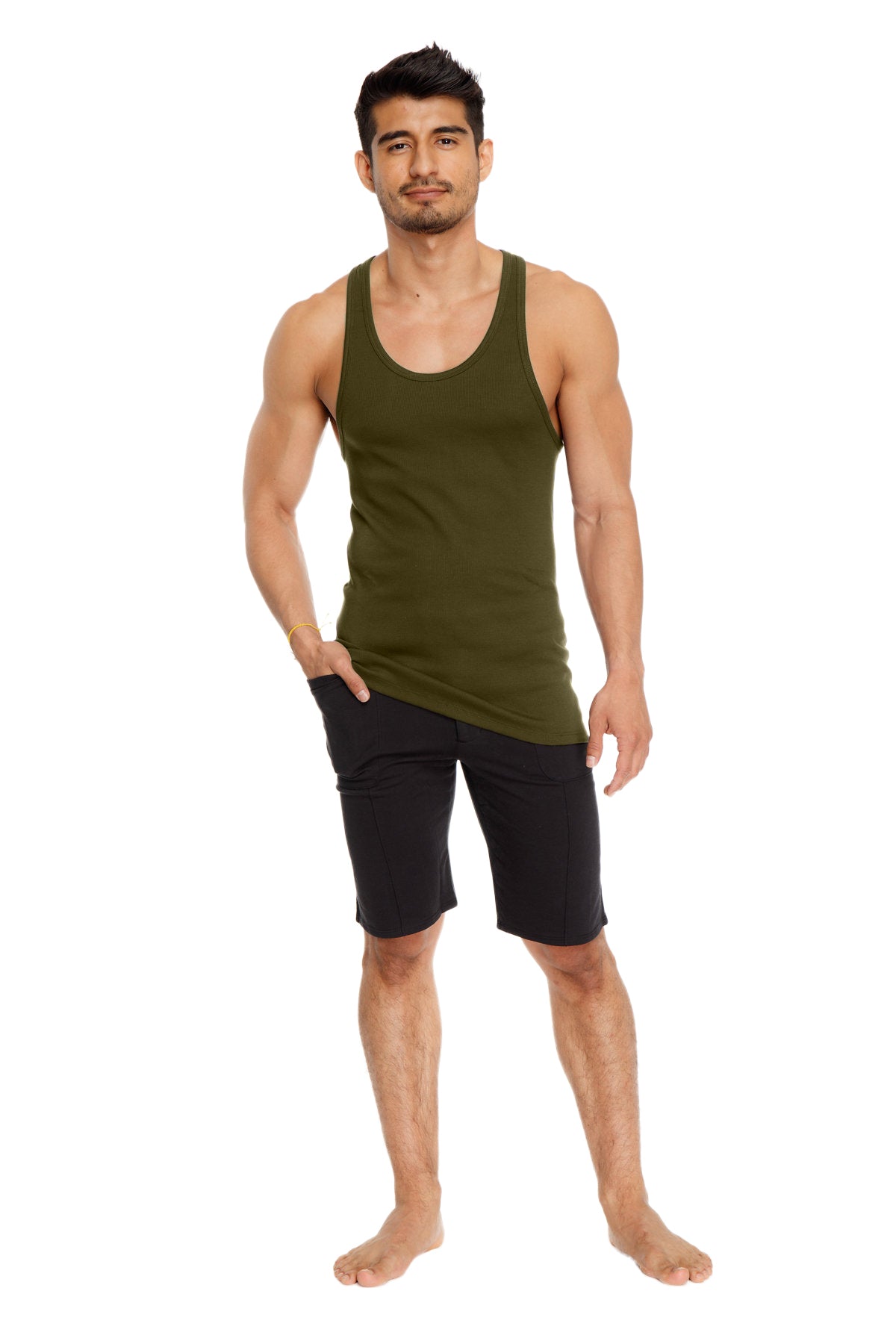 Olive green sleeveless sustain tank top made from soft sustainable fabric for comfortable everyday wear