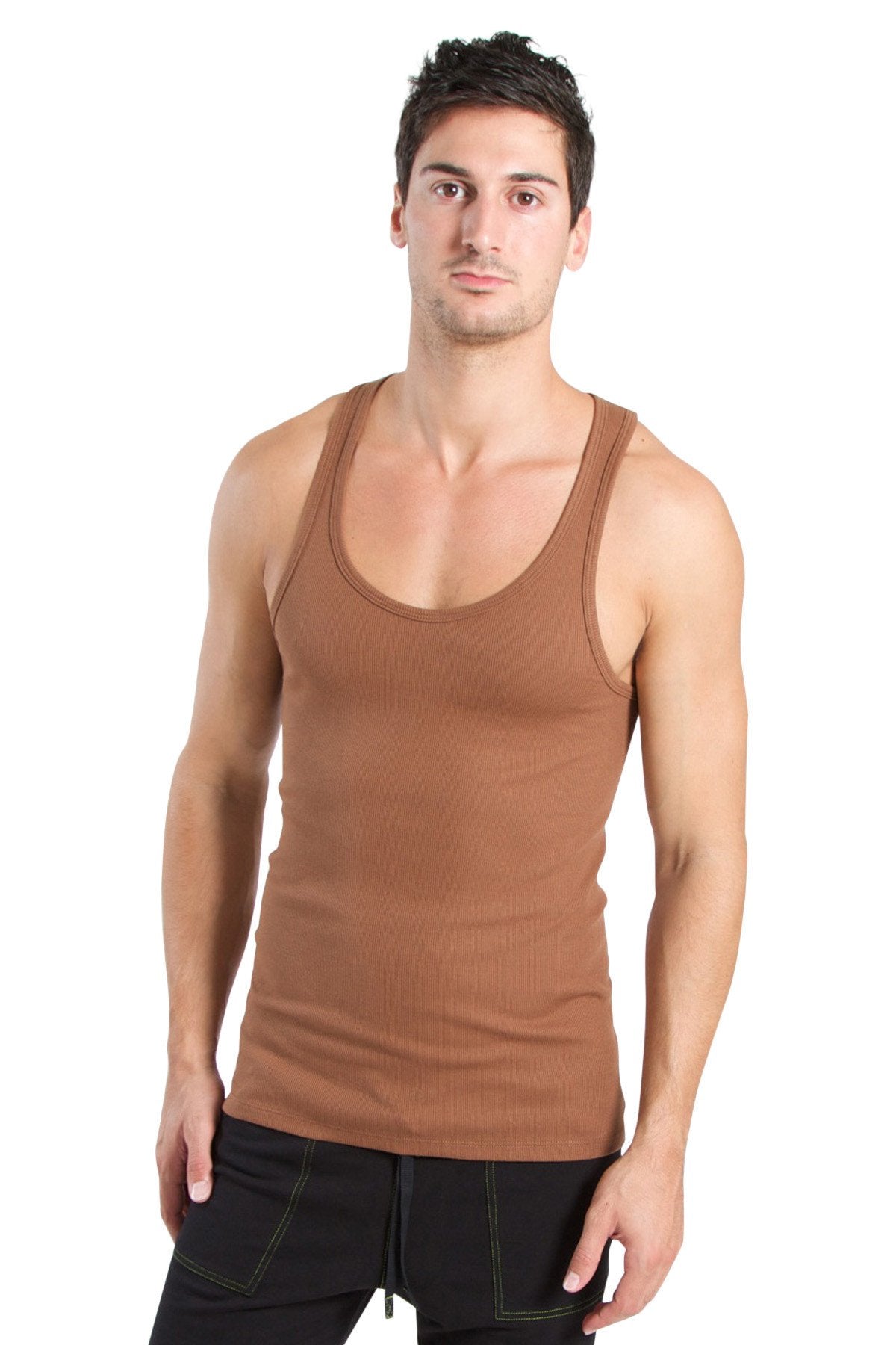 Brown sleeveless sustain tank top with rounded neckline and fitted design made from sustainable fabric