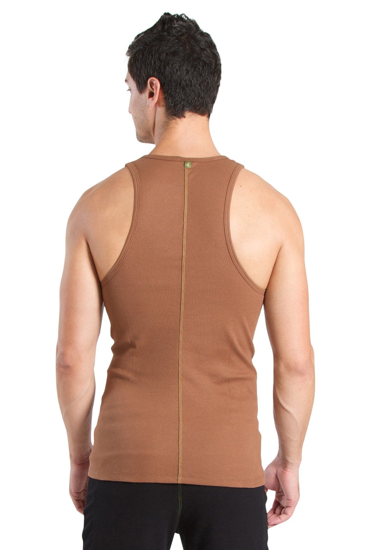 Back view of a tan ribbed cotton sustain tank top with a central zipper down the back in chocolate brown