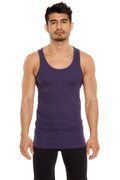 Purple sleeveless sustain tank top with rounded neckline and fitted silhouette in eggplant purple color