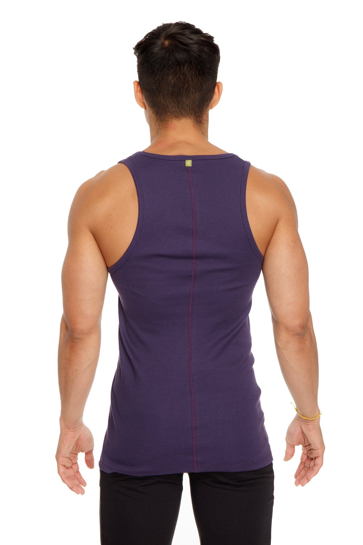 Purple sleeveless sustain tank top with central seam and subtle stitching detail in eggplant purple color