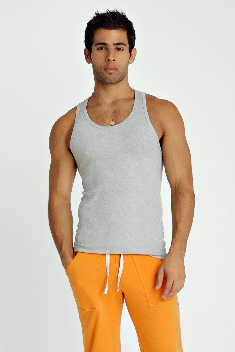 Gray heathered cotton sustain tank top with a simple round neckline and straight hem for casual wear