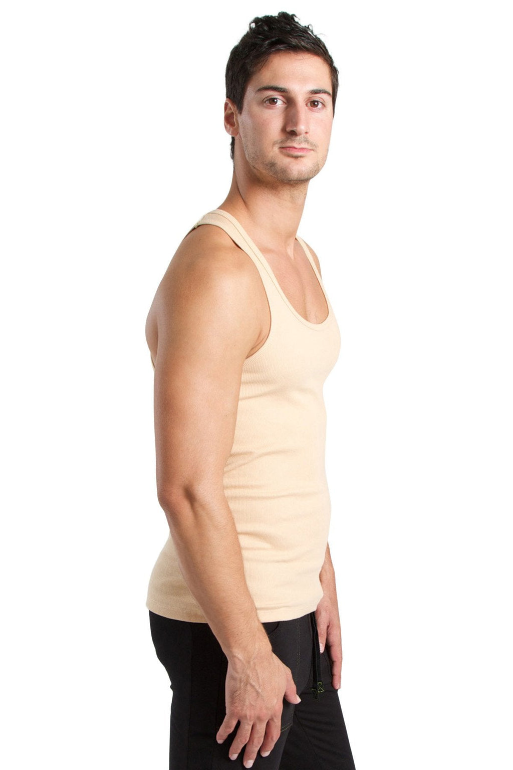 Beige cotton tank top with a simple fitted design from the sustain tank top collection in sand beige color