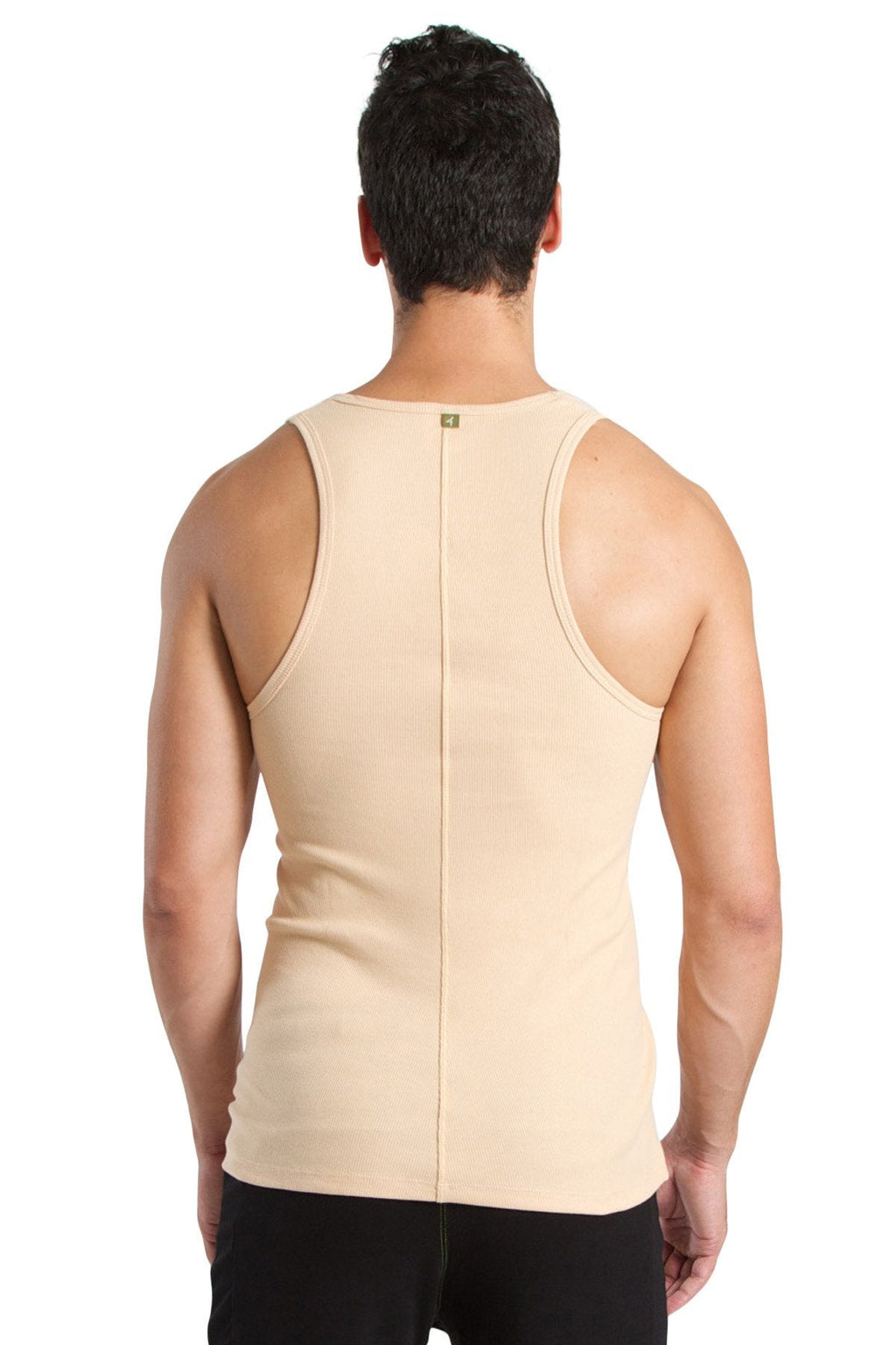 Beige stretchy men’s sustain tank top back view with central seam designed for comfort and active wear