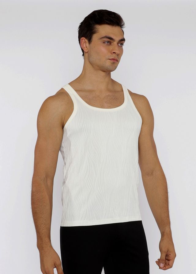 A white ribbed knit tank top with a scoop neckline and wide shoulder straps called textured knit tank