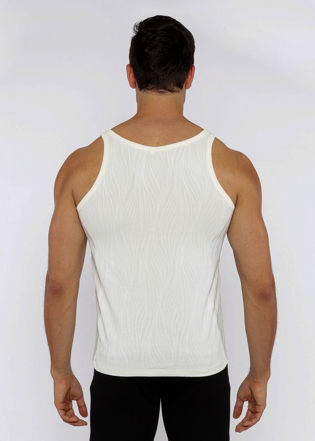 White ribbed tank top made of textured knit fabric perfect for casual summer wear